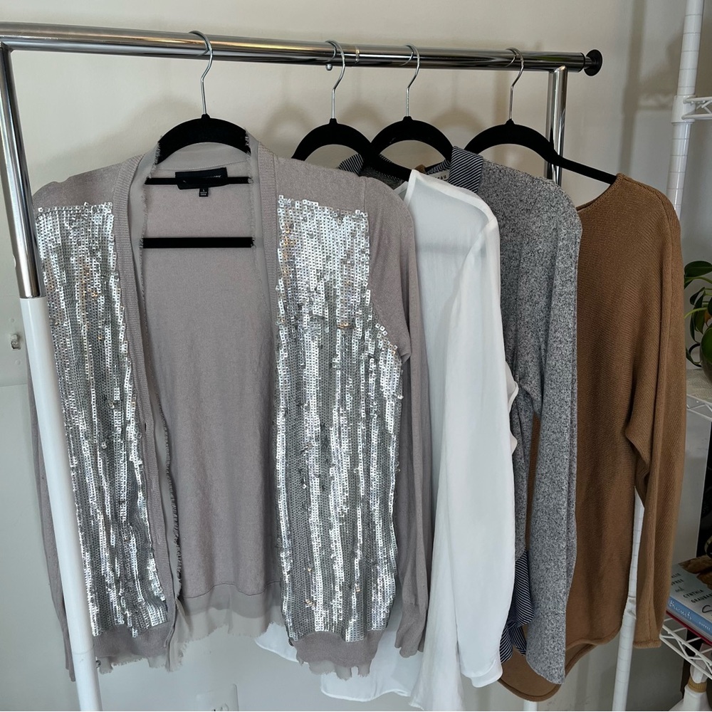 (4) Plus Size Professional Sequin Embellished Gray Blouse Beige  Sweater Office